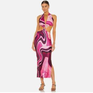 NWT $129 Farai London Revolve Pink V-neck Halter Maxi Dress Cut Out Backless